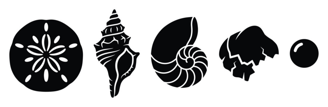 Stylized sea shell silhouettes including a sand dollar nautilus and conch suitable for coastal themed graphic projects