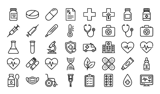 Pharmacy and medical care outline icon set with medicine prescription healthcare and editable stroke vector collection