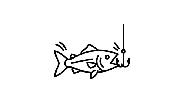 Line art illustration of a fish caught on a fishing hook, symbolizing success or a catch.