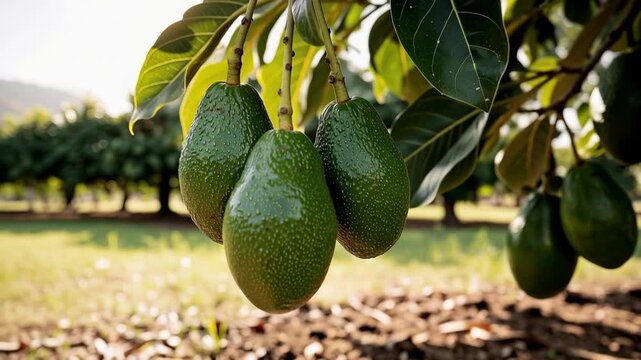 Fresh green avocados hanging on tree branches shining in bright sunlight in a lush tropical orchard
