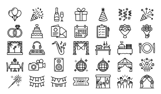 Event planning and celebration outline icon set with wedding party decoration and editable stroke vector collection