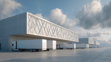 Fototapeta premium Modern Distribution Center with Trucks at Loading Docks Under Cloudy Sky and Architectural Design in Urban Environment
