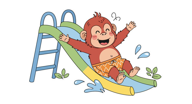 Cute cartoon monkey playing on a water slide at the pool