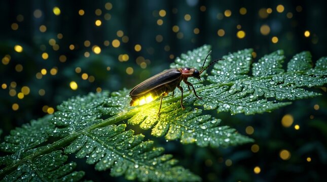 Extreme Macro Close Up of a Glowing Firefly on a Fern Leaf at Night