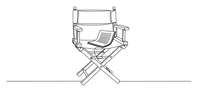 Minimalist line drawing of director chair and script, perfect for illustrating film industry and writing concepts