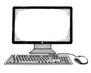Fototapeta premium Cartoon drawing of a desktop computer setup with monitor, keyboard and mouse, office technology illustration, electronic device.