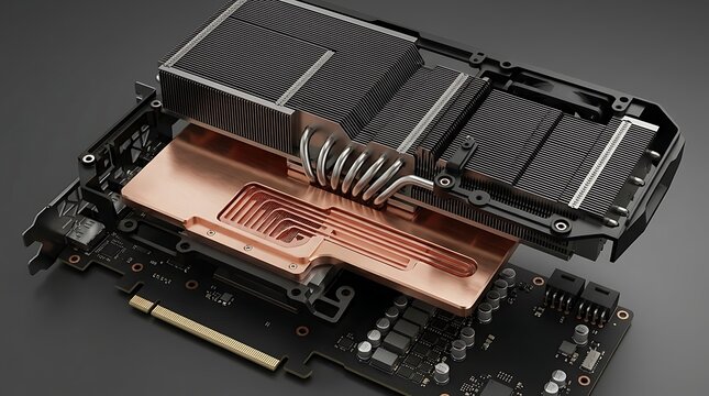 Detailed view of a high performance graphics card internal components showcasing copper heatsink and cooling fins for advanced computer hardware technology
