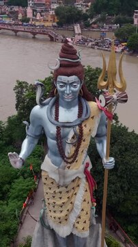 Vertical Aerial View of Lord Shiva Statue at Har Ki Pauri Haridwar India