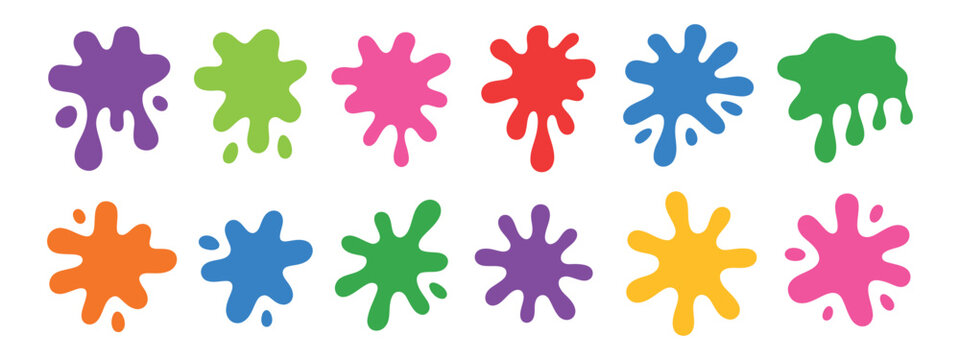 Colorful paint splatter and liquid blot set. Isolated vector illustration of vibrant multi-colored ink splashes, drips, and drops for creative art, education, and kids design projects.