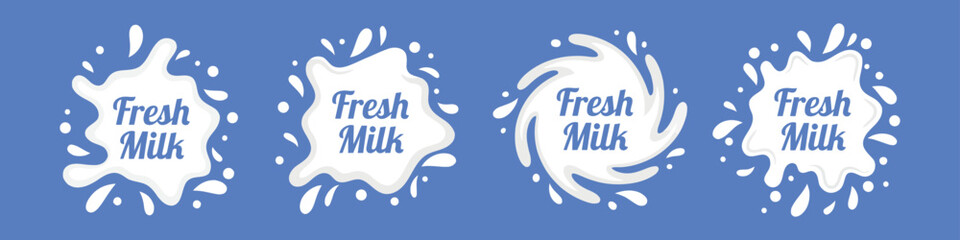 Fototapeta premium Fresh milk splash and label badge set. Isolated vector illustration of white creamy liquid blots with typography on blue background for dairy product branding, stickers, and organic food packaging.