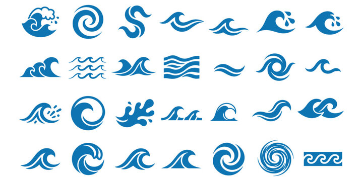 Blue water wave and ocean splash icon set. Isolated vector illustration of various sea waves, surf ripples, and nautical symbols for summer vacation, travel, and environmental logo design.