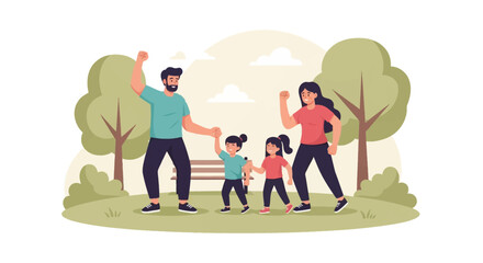 Fototapeta premium Flat vector illustration of a family including father, mother, and two daughters exercising and jogging in a public park with green trees, a wooden bench, and simple sky background