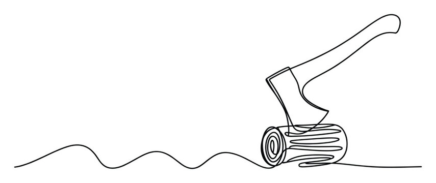 Single line drawing of an axe splitting a log, representing strength and wood work