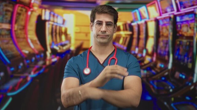 Man doctor in blue scrubs with red stethoscope crosses arms in x gesture in studio with slot machines; no gambling warning.