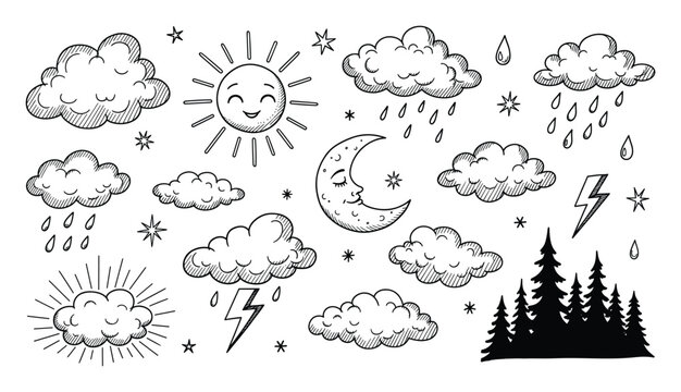 Handdrawn weather doodle symbols featuring sun moon clouds rain lightning and stars for various projects