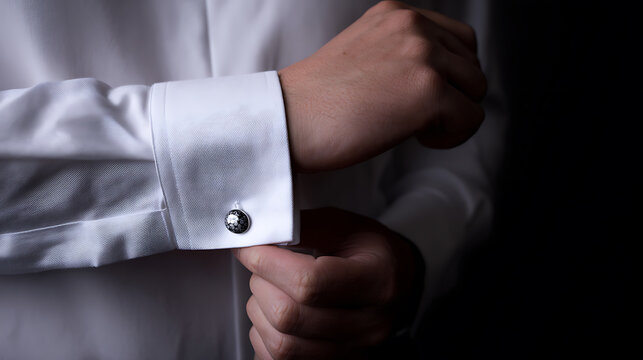 Man adjusting cufflink on white shirt symbolizing freedom, adventure, and exploration