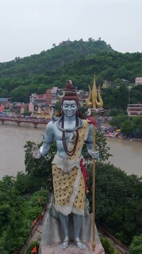 Vertical Aerial View of Lord Shiva Statue at Har Ki Pauri Haridwar India