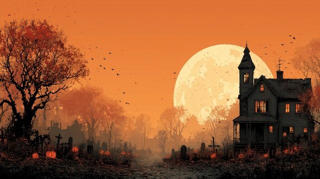 Spooky evening at an old house under a full moon