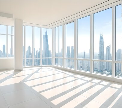 Bright modern interior with large floor‑to‑ceiling windows overlooking a city skyline. Natural sunlight fills the empty room, creating a clean and spacious atmosphere ideal for themes related to archi