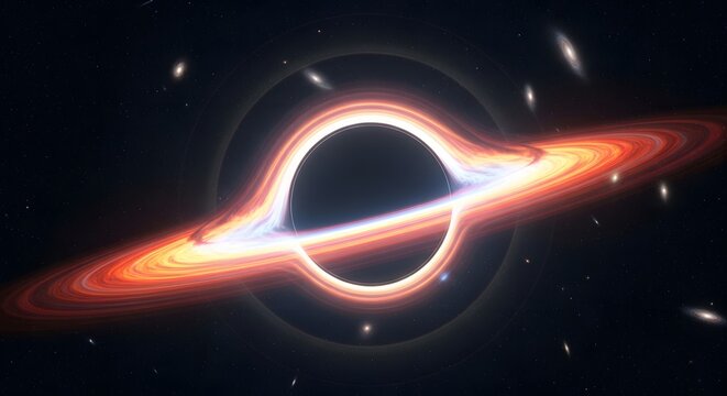 Cinematic black hole in deep space, glowing accretion disk, massive gravitational singularity
