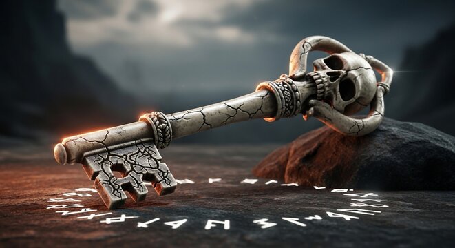 Intricately designed key with skull handle against a dramatic landscape backdrop