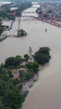 Vertical Aerial View of Lord Shiva Statue at Har Ki Pauri Haridwar India