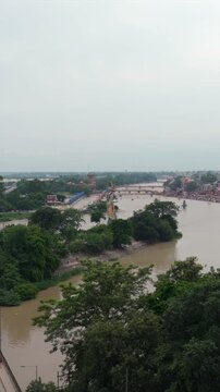 Vertical Aerial View of Lord Shiva Statue at Har Ki Pauri Haridwar India
