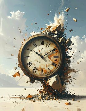 A clock explodes in a desert landscape