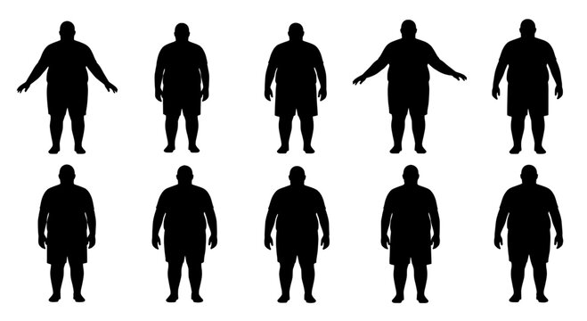 Men silhouette set with various poses and body types in black color featuring fat, obese, overweight with human and figure elements for outline, icon
