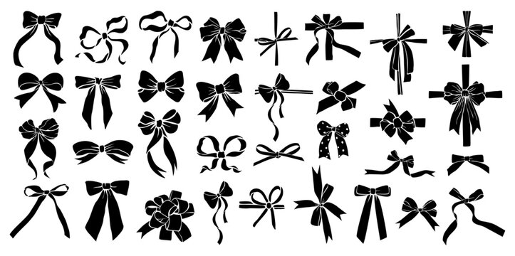 Set of black outline ribbon bow silhouettes for decoration logos and cut files clean monochrome vector isolated on transparent background