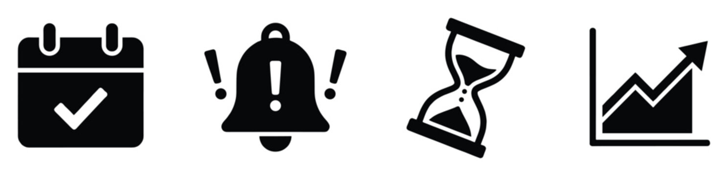 Modern business icons for scheduling, reminders, time management, and progress tracking applications.