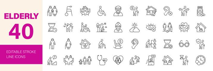 Plakat Elderly icon set. Editable line icons. Vector illustration.