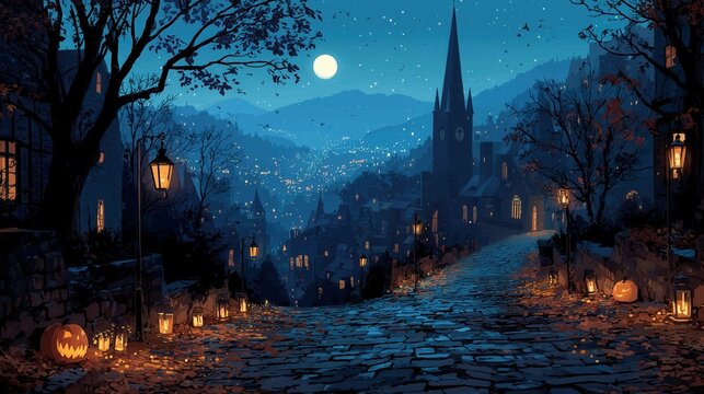 Night scene in a quiet town with lights and pumpkins