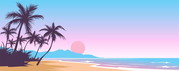 Beach landscape with palm trees at sunset. Paradise tropical beach landscape with beautiful palm trees, mountains, and waves. Vector illustration of a sea bay. © Evgeniia