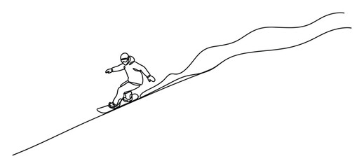 Naklejka premium Continuous line drawing of snowboarder navigating mountain slope for dynamic sports graphics