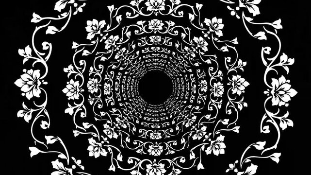 seamless loop circular mandala tunnel animation with white floral pattern on black background. camera moving forward and backward 