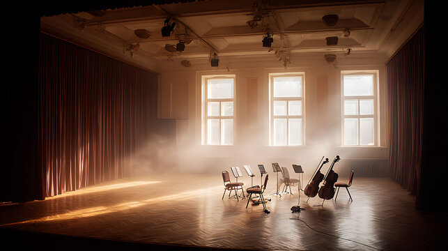 Empty concert hall with string instruments ideal for corporate presentations and B2B marketing