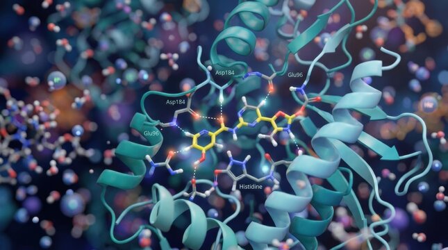 Visual shows complex molecular interactions with twisted protein chains and colorful chemical elements. Various atoms are identified in a 3D layout.