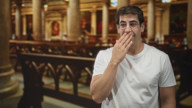 Man in white t shirt with glasses raises hand to mouth, gesturing while speaking inside ornate churchlike building with pews and columns; warm amusement.