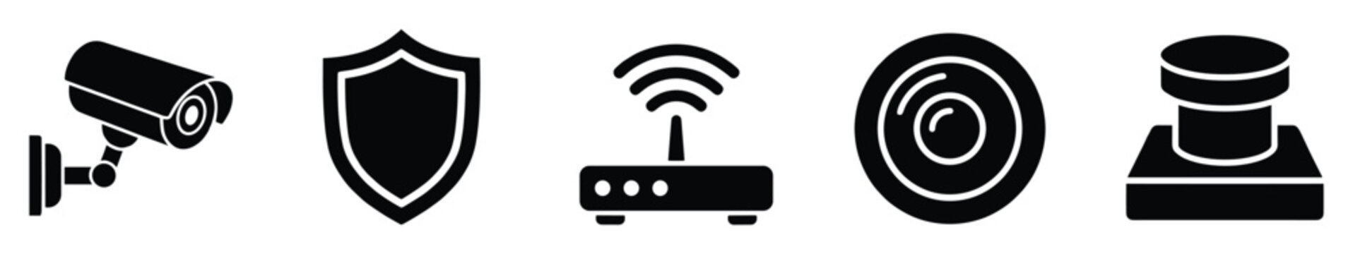 Security system icons with camera, shield, router, siren, and emergency button for digital projects