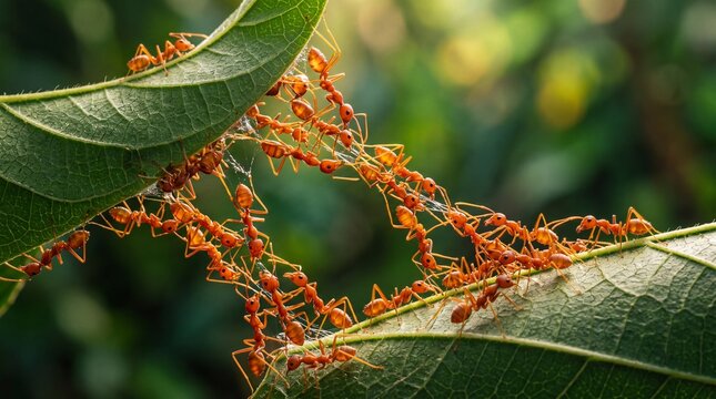 Weaver ants working together to build a nest by forming a living bridge between leaves