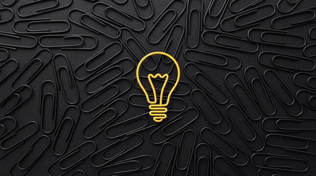 Yellow light bulb icon among many black paper clips on black background