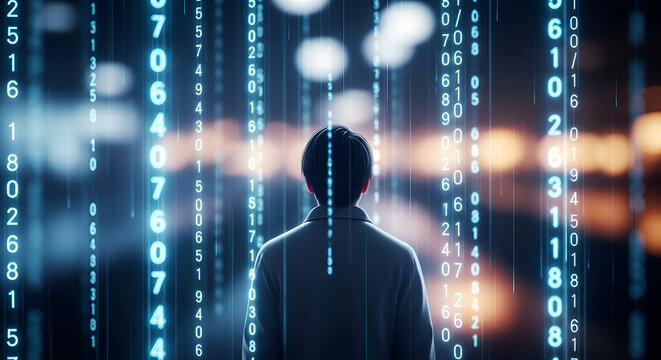 Silhouette of man in digital environment.