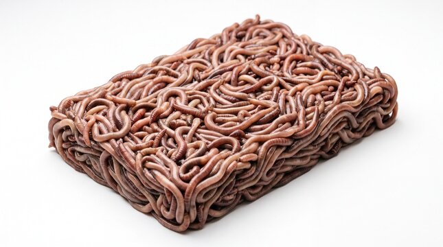 Mass of live earthworms in a rectangular shape isolated on white background