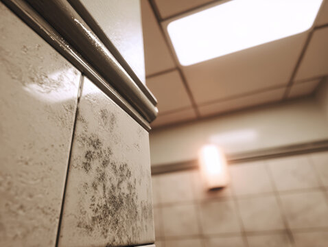 Mold spots on bathroom wall in poorly ventilated room, damp surface and moisture damage with indoor growth