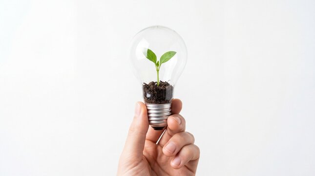 Human hand holding light bulb with small green plant inside on white background