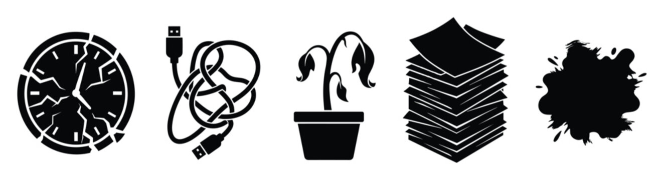 Visual metaphors illustrating challenges including broken time, tangled wires, wilting plant, paper stack, and ink splash for conceptual graphic resources