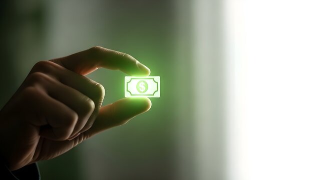 Hand holding a glowing digital dollar bill icon