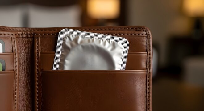 Condom in silver foil wrapper inside brown leather wallet, safe sex and contraception concept, male sexual health and protection in hotel room