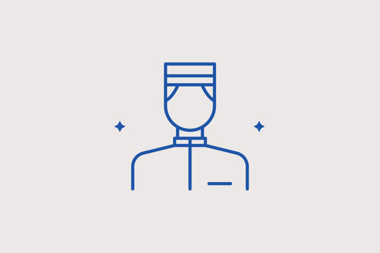 Hotel bellboy portrait line icon for professional hospitality and concierge services. Friendly vector illustration for staff training manuals and hotel branding.